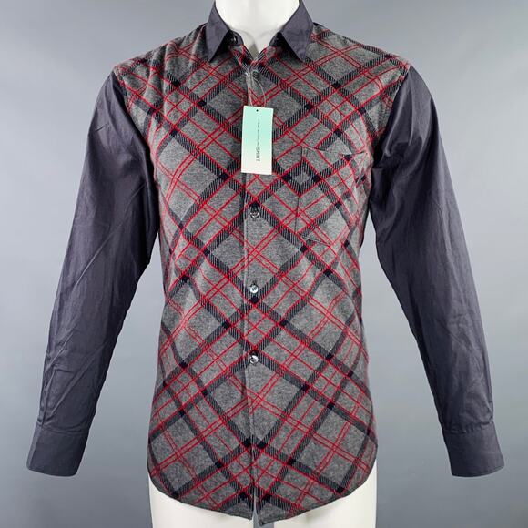 COMME des GARCONS SHIRT Size S Grey Red Plaid Cotton Wool Long Sleeve Shirt - Picture 1 of 5